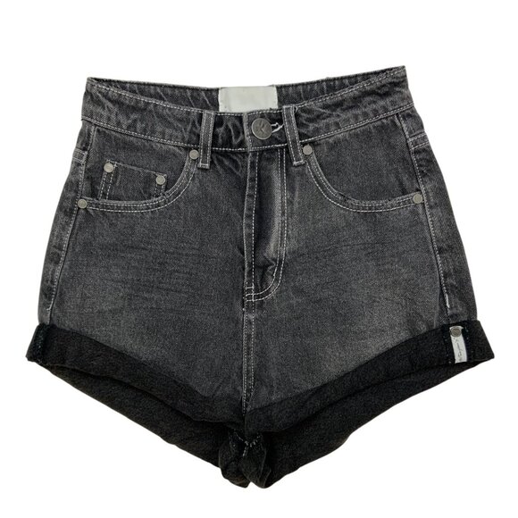 One Teaspoon High Waist Bandits Denim Short 24 Charcoal Roll Cuff Zip Fly - Picture 12 of 12